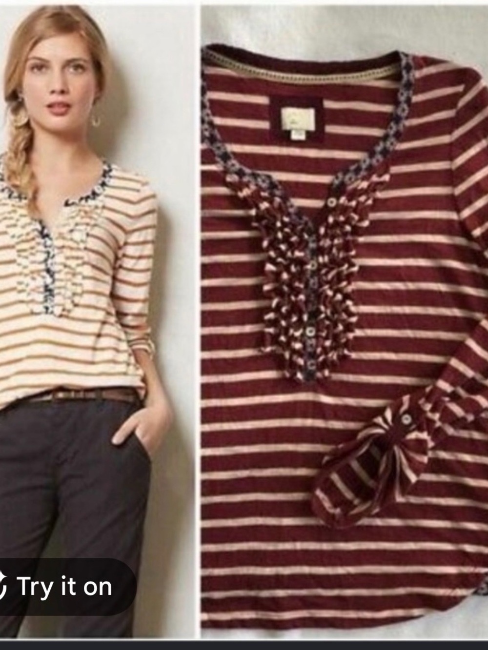 Anthropologie burgundy and white
Striped ruffle Top size large